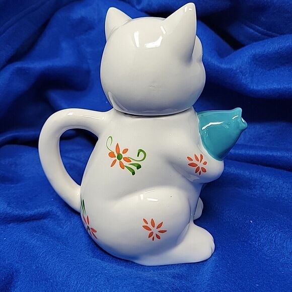Lucky Cat Mini Teapot w/ Koi Fish Ceramic Kitten Crackle Barrel Exclusive 11oz - Picture 4 of 13